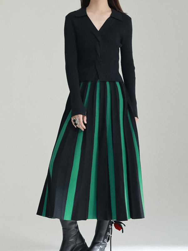 A-Line Loose Contrast Color Pleated Skirts Bottoms DEEP GREEN One_size