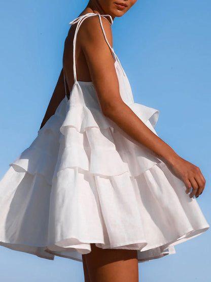 A-Line High Waisted Backless Layered Pleated Solid Color Spaghetti-Neck Mini Dresses