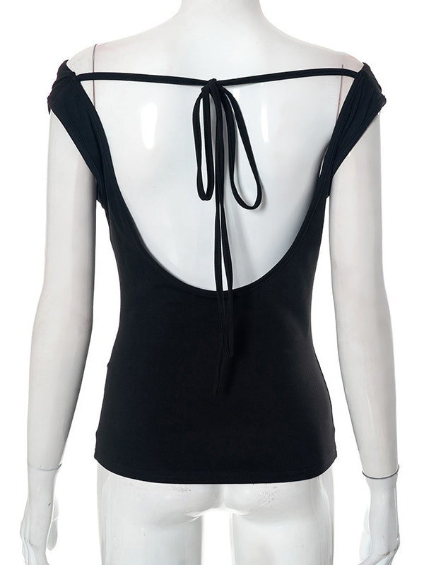 T-shirt ample, moulant, dos nu, à lacets, transparent, couleur unie, fendu, épaules dénudées 