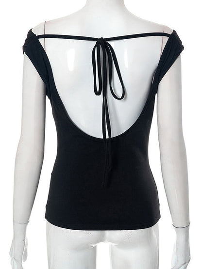 T-shirt ample, moulant, dos nu, à lacets, transparent, couleur unie, fendu, épaules dénudées 