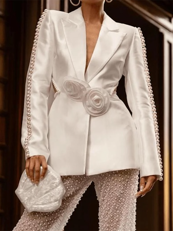 Long Sleeves Loose Backless Beaded Three-Dimensional Flower Deep V-Neck Blazer Outerwear