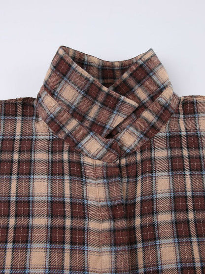 Long Sleeves Loose Buttoned Contrast Color Plaid Split-Joint Lapel Blouses&Shirts Tops Outerwear