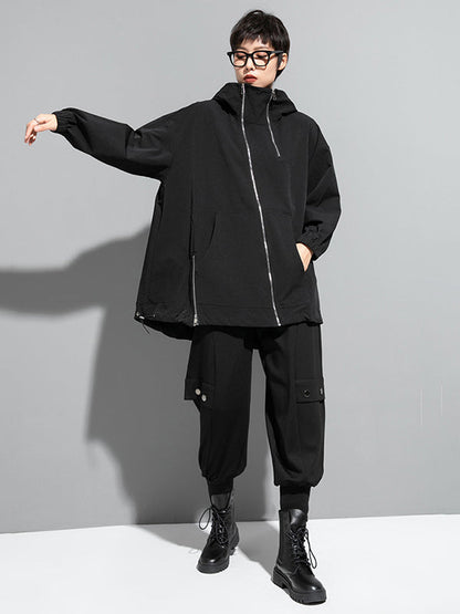 Moderne, unregelmäßige, lockere, einfarbige Oberbekleidung mit Reißverschluss und Kapuze 