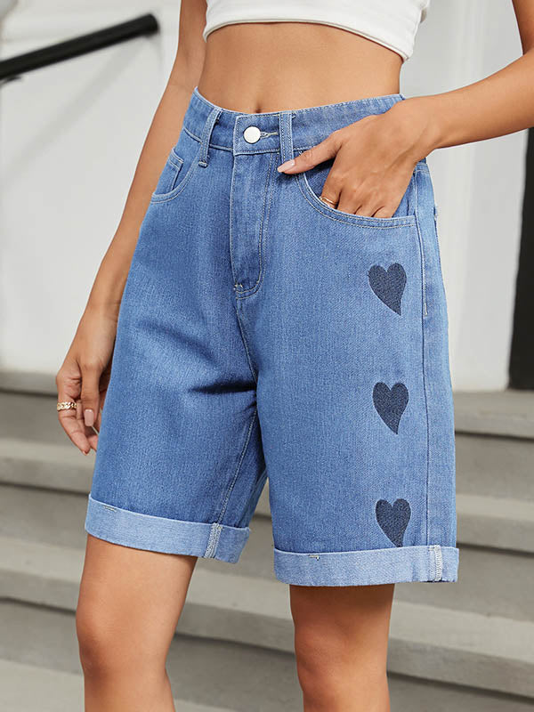 High Waisted Loose Buttoned Heart Print Pockets Half Pants Jean Pants Bottoms