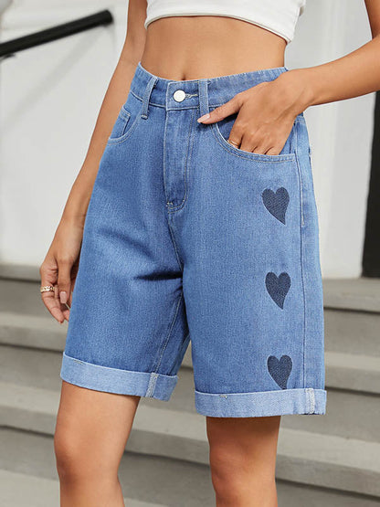 High Waisted Loose Buttoned Heart Print Pockets Half Pants Jean Pants Bottoms