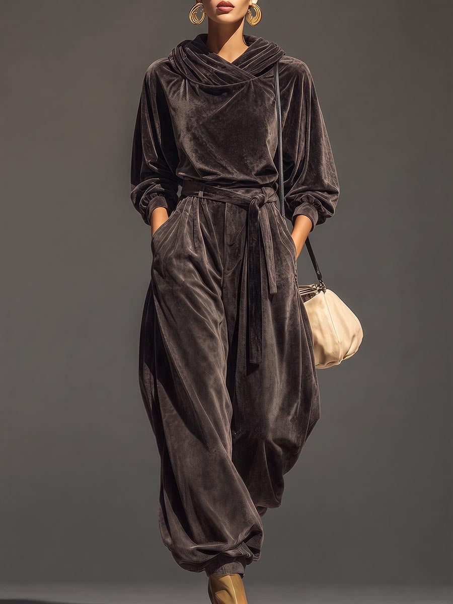Solid Color Velvet Hooded Long Sleeves Hoodies&sweatshirt Tops + Tied Buttoned Pleated High Waisted Pants Trousers Two Pieces Set
