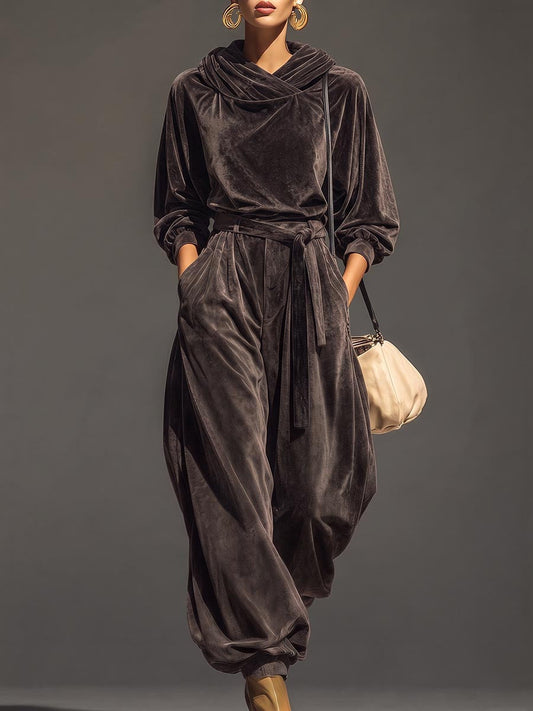 Solid Color Velvet Hooded Long Sleeves Hoodies&sweatshirt Tops + Tied Buttoned Pleated High Waisted Pants Trousers Two Pieces Set