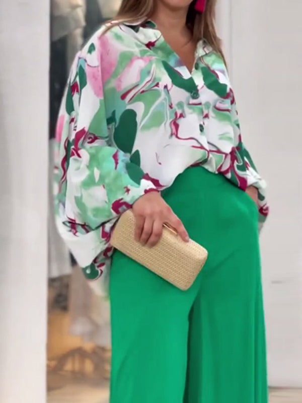 Original Contrast Color Blouse&Solid Wide Legs Pants 2 Pieces Set