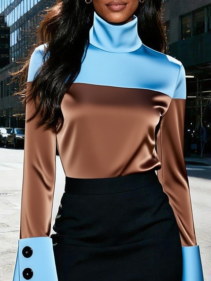 Long Sleeves Buttoned Contrast Color Split-Joint High Neck T-Shirts Tops