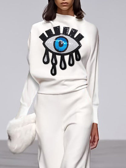 T-shirts amples à manches longues et col montant avec imprimé brodé appliqué 