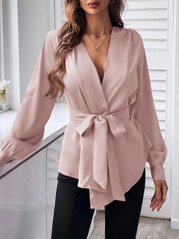 Loose Puff Sleeves Pleated Solid Color Split-Joint Tied Waist V-Neck Blouses&Shirts Tops