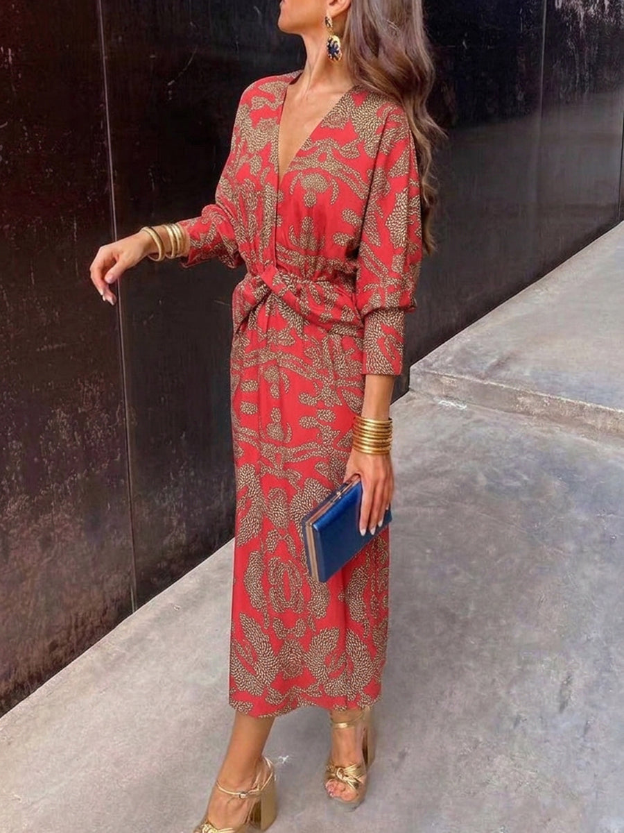 High Waisted Long Sleeves Contrast Color Knot Printed Deep V-Neck Midi Dresses