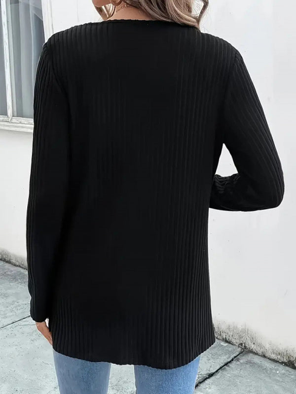 Long Sleeves Loose Beaded Solid Color Collarless Cardigan Tops