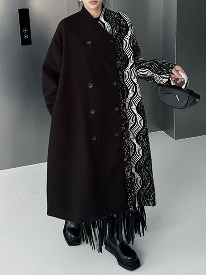 Long Sleeves Loose Buttoned Contrast Color Pockets Stand Collar Woolen Coat