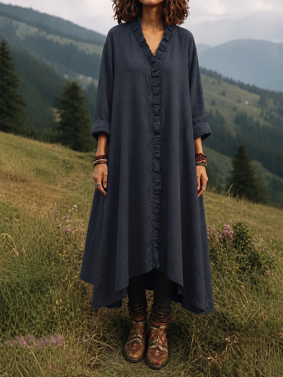 Split-Joint Solid Color Ruffled Loose Long Sleeves V-neck Midi Dresses