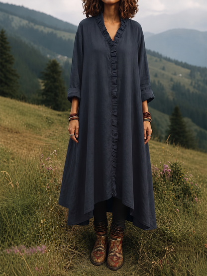 Split-Joint Solid Color Ruffled Loose Long Sleeves V-neck Midi Dresses