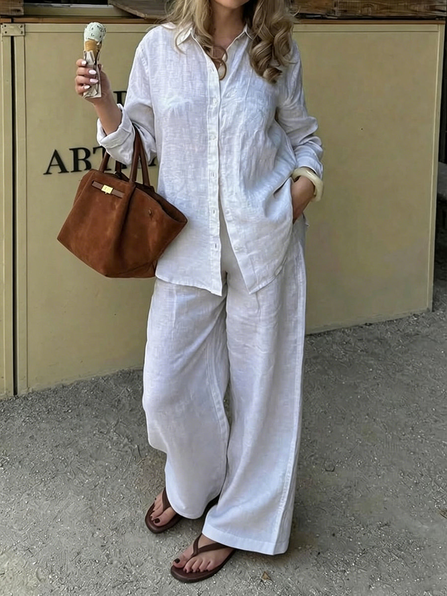 Solid Color Pockets Buttoned Plus Size Loose Lapel Two Pieces Set Trousers Pants Blouses&shirts Tops