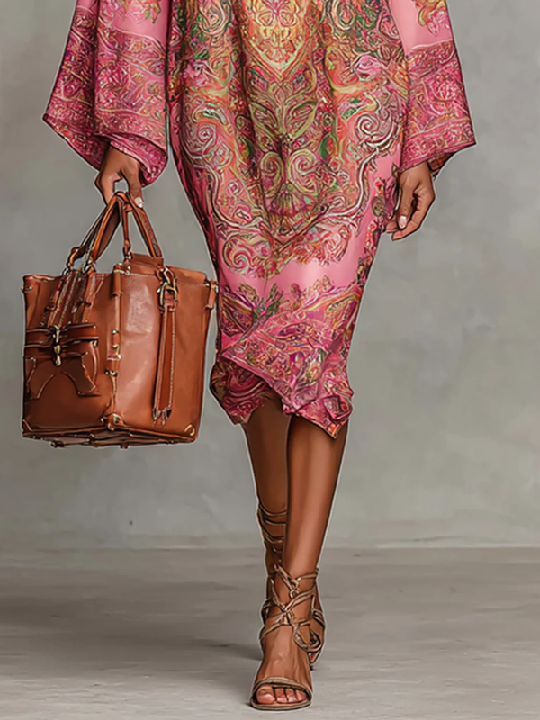Long Sleeves Loose Contrast Color Printed Mock Neck Midi Dresses