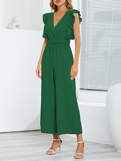 High Waisted Loose Belted Pleated Ruffled Solid Color V-Neck Jumpsuits