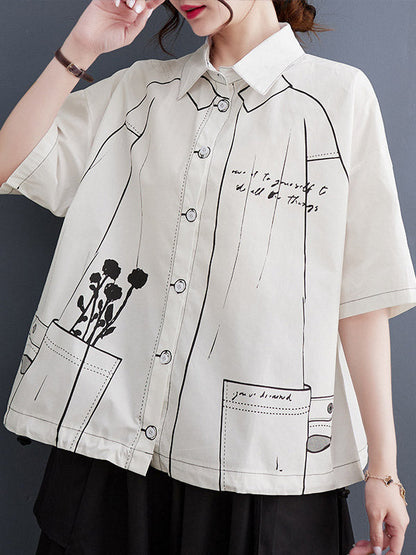 Lose Kurzarm-Blusen und -Hemden mit geknöpftem, bedrucktem Revers 