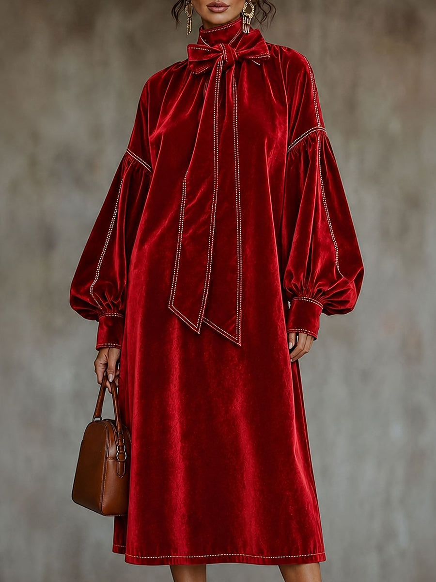 Split-Joint Knot Contrast Color Puff Sleeves Plus Size High-neck Midi Dresses