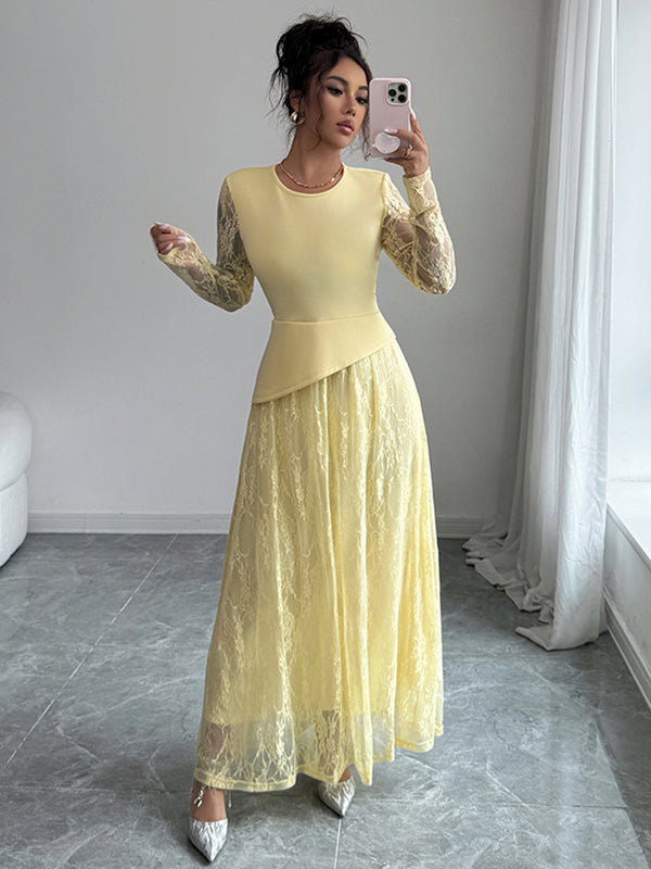 A-Line Irregularity Asymmetric Flower Print Layered See-Through Solid Color Split-Joint Round-Neck Maxi Dresses