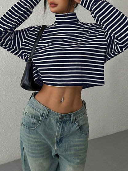 Long Sleeves Loose Contrast Color Split-Joint Striped High Neck T-Shirts Tops