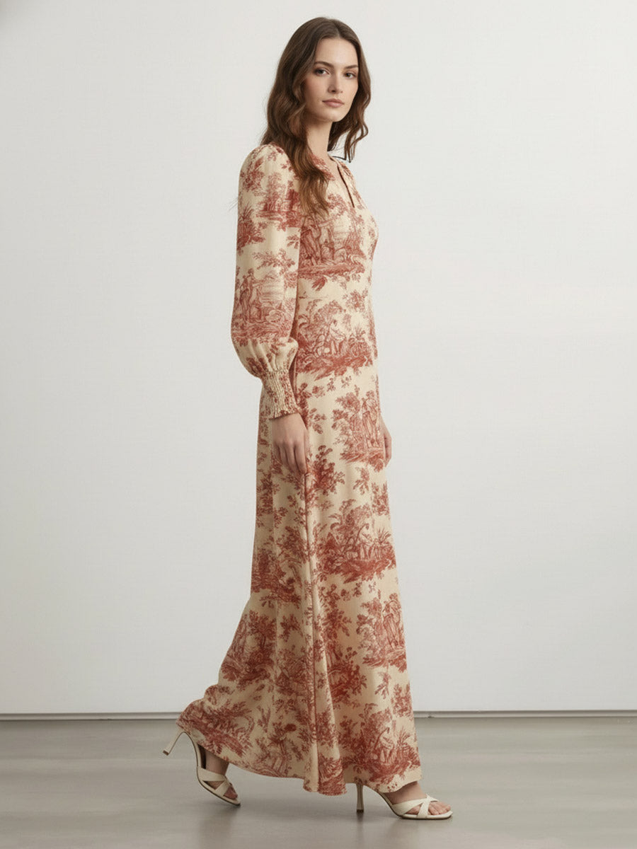 Elasticated Waist High Waisted Contrast Color Pleated Printed Split-Joint V-Neck Maxi Dresses