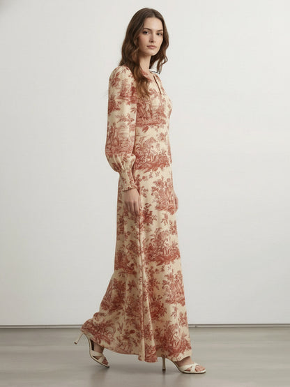 Elasticated Waist High Waisted Contrast Color Pleated Printed Split-Joint V-Neck Maxi Dresses