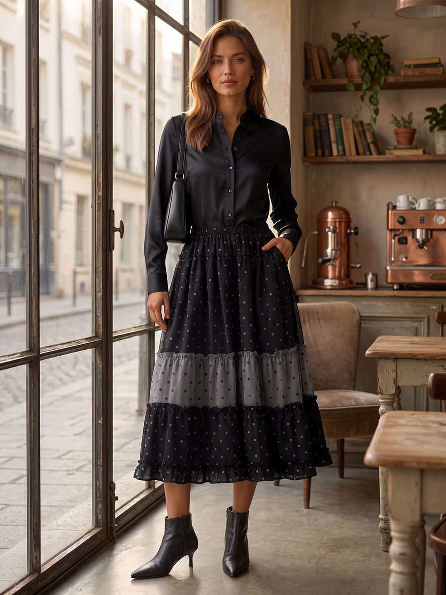 Split-Joint Ruffle Trim Polka-Dot Elasticity Contrast Color Loose A-line Skirts