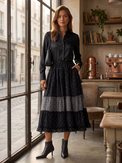 Split-Joint Ruffle Trim Polka-Dot Elasticity Contrast Color Loose A-line Skirts