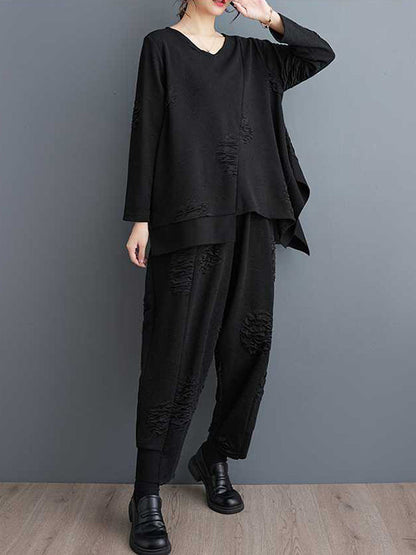 Long Sleeves Asymmetric Solid Color Split-Joint V-Neck T-Shirts Top + Harem Pants Elasticity Pants Bottom Two Pieces Set