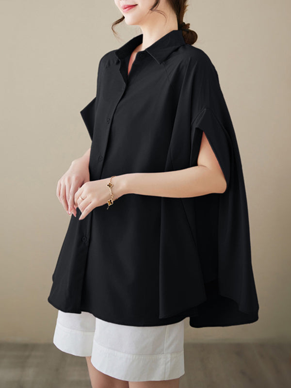 Loose Short Sleeves Solid Color Lapel Shirts Tops