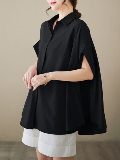 Loose Short Sleeves Solid Color Lapel Shirts Tops