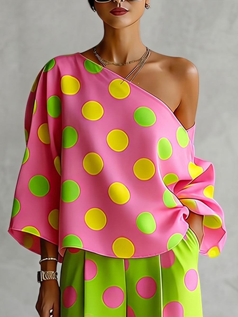 Long Sleeves Loose Asymmetric Polka-Dot One-Shoulder Blouses&Shirts Tops