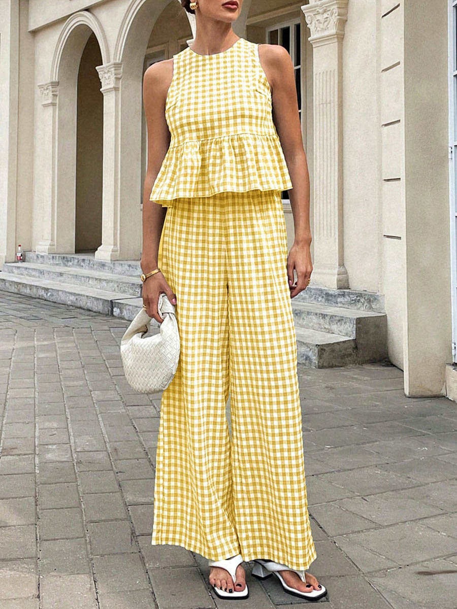 A-Line Loose Plaid Pleated Split-Joint Round-Neck Vest Top + Pants Bottom Suits