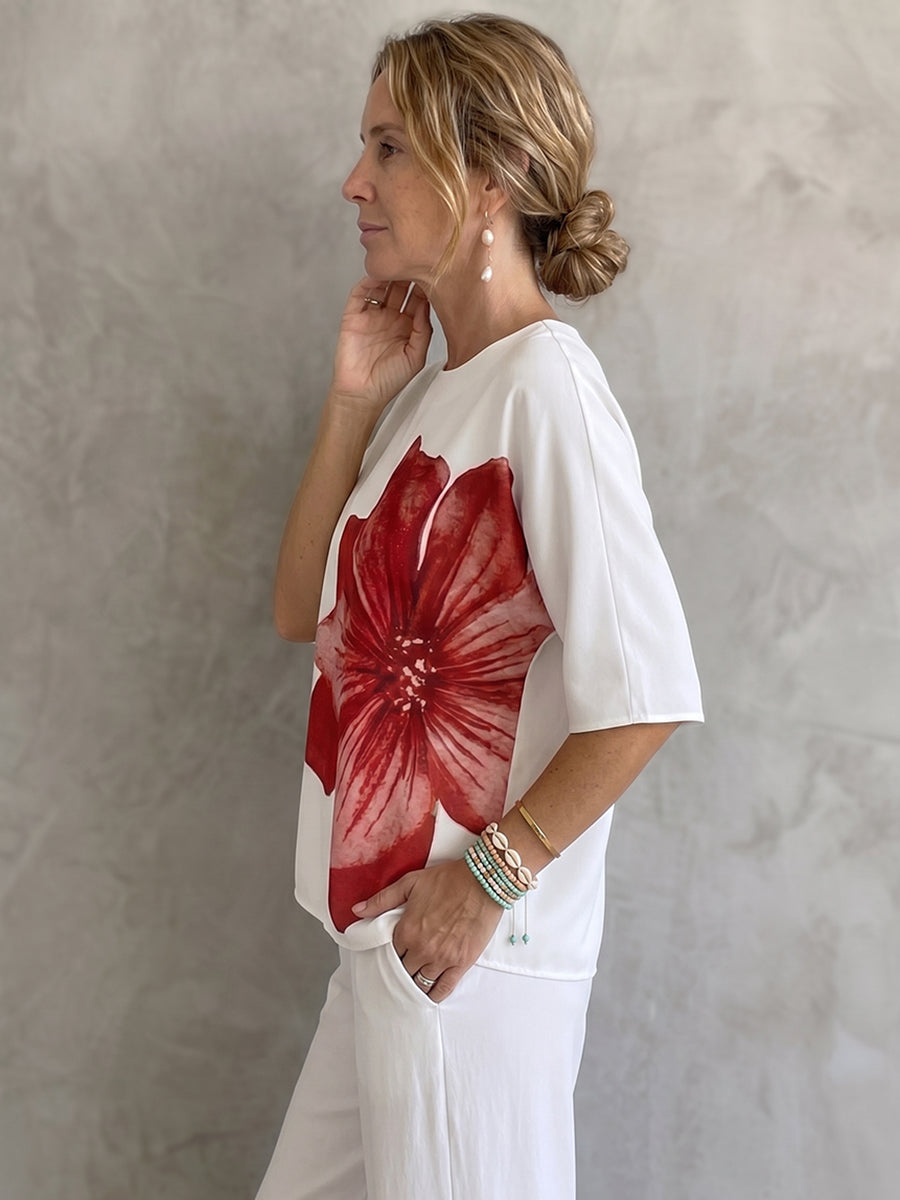 Half Sleeves Loose Flower Print Round-Neck T-Shirts Tops