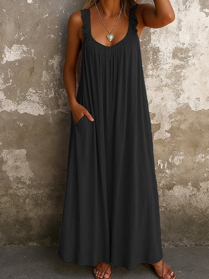 A-Line Loose Pleated Ruffled Split-Joint U-Neck Maxi Dresses