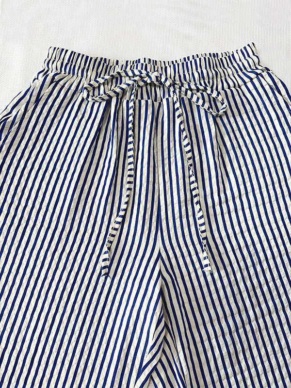 Loose Drawstring Elasticity Pockets Split-Joint Striped Pants Trousers