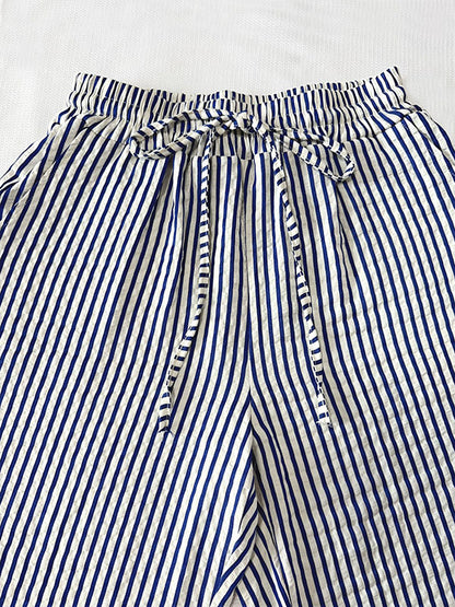 Loose Drawstring Elasticity Pockets Split-Joint Striped Pants Trousers
