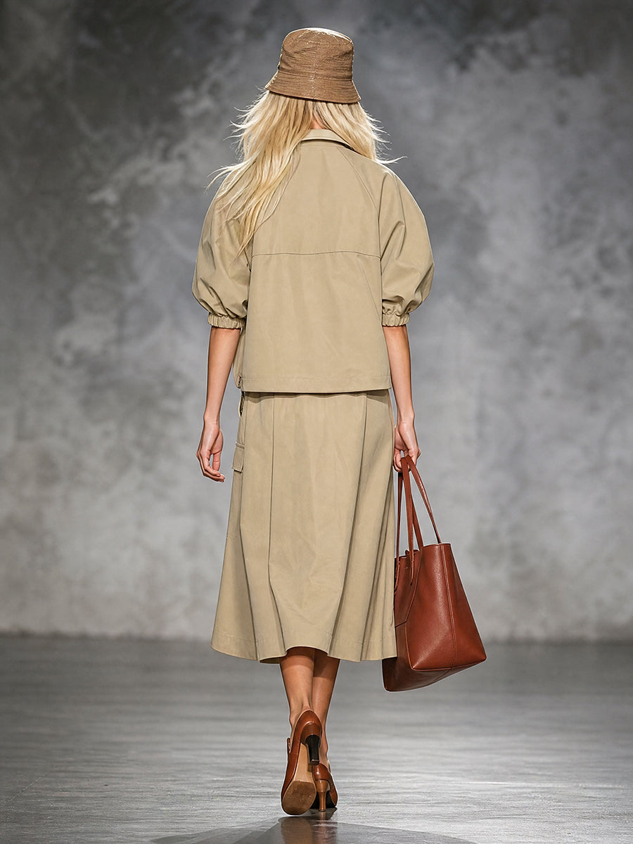 Zipper Drawstring Contrast Color Loose Half Sleeves Lapel Outerwear