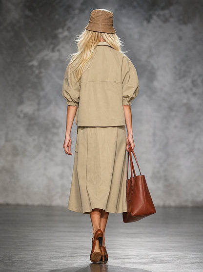 Zipper Drawstring Contrast Color Loose Half Sleeves Lapel Outerwear