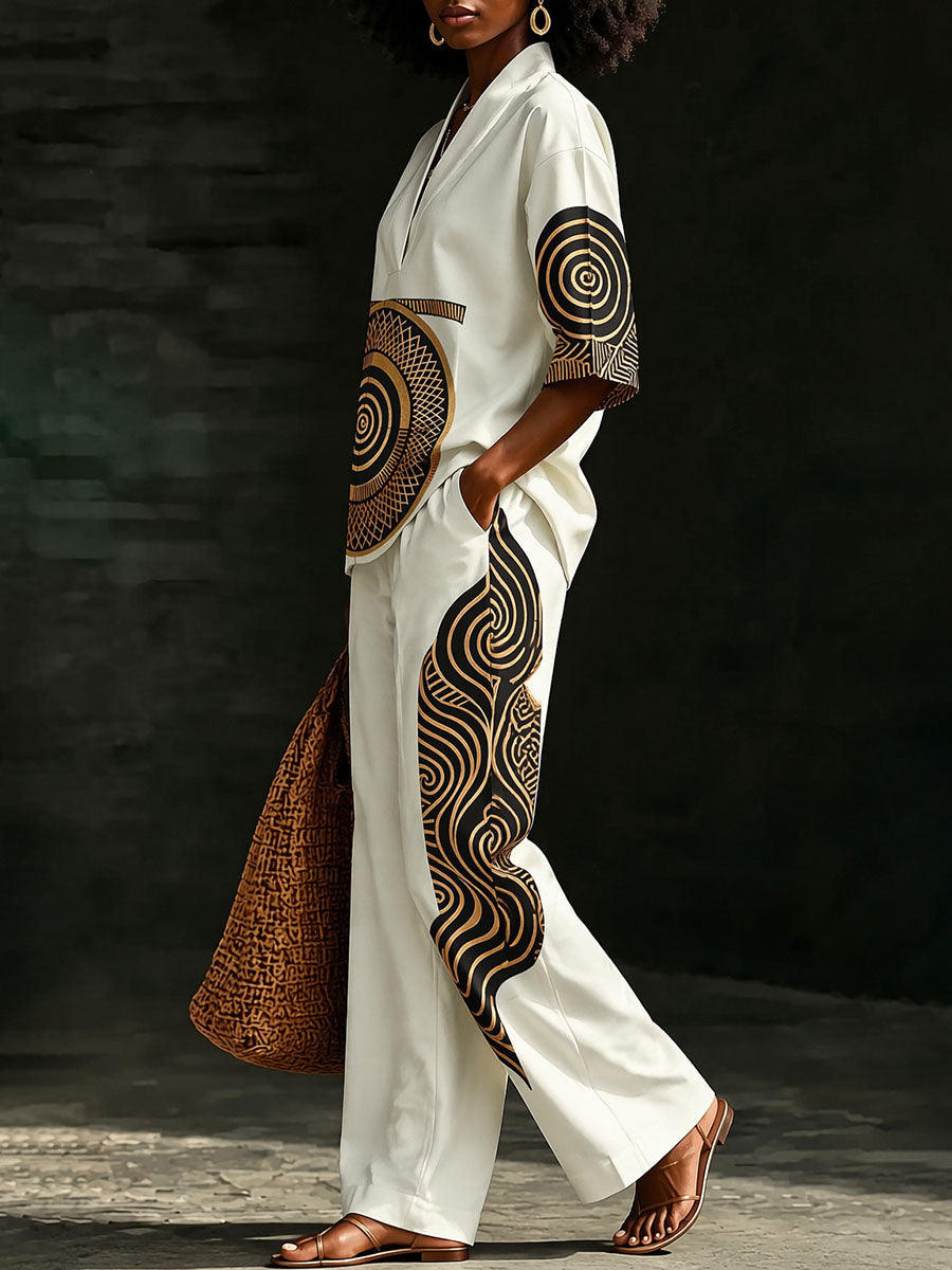 Printed Pockets Elasticity Contrast Color Wide Leg Loose Trousers Pants