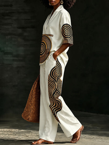 Printed Pockets Elasticity Contrast Color Wide Leg Loose Trousers Pants