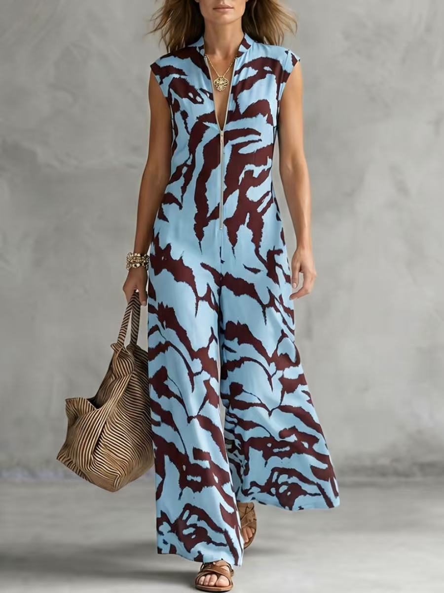 Loose Sleeveless Cow Printed Printed Zipper V-neck Jumpsuits