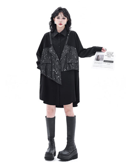 False Two Hipster Asymmetric Split-Joint Textured Lapel Collar Mini Dresses