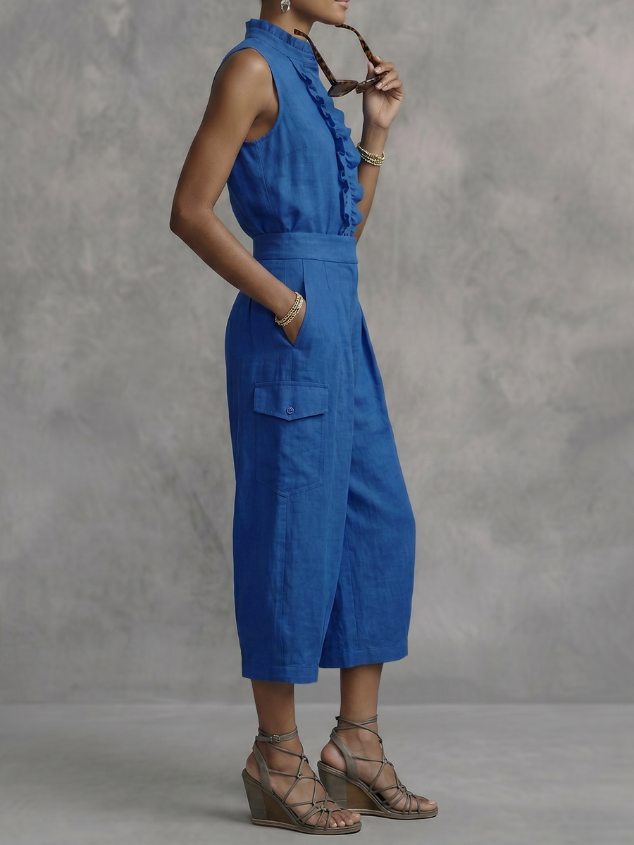 High Waisted Wide Leg Pleated Pockets Solid Color Ninth Pants Trousers