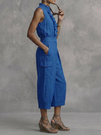 High Waisted Wide Leg Pleated Pockets Solid Color Ninth Pants Trousers