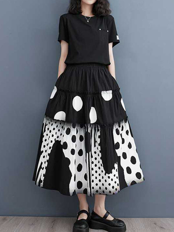 Loose Elasticity Pleated Pockets Polka Dot Printed Ruffled Split-Joint Skirts Bottoms