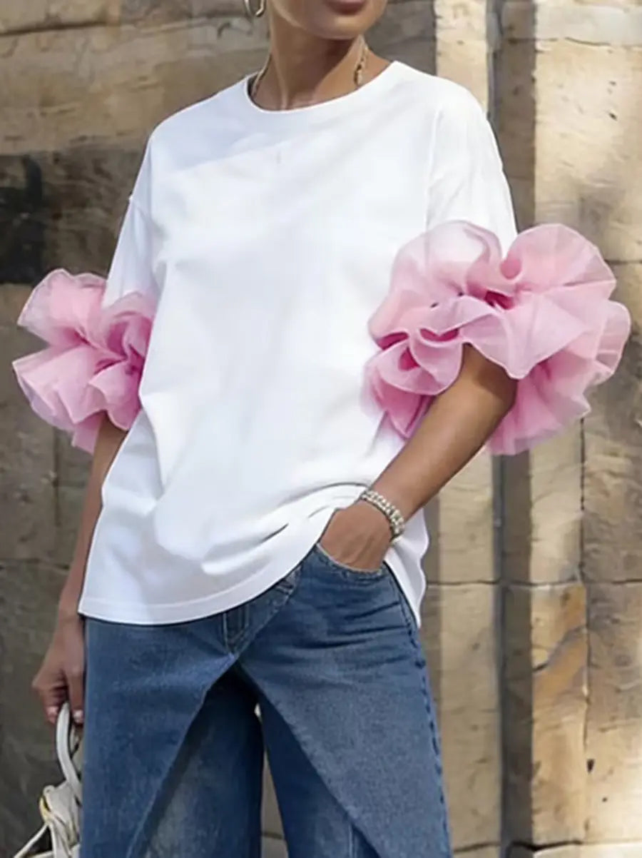 Loose Short Sleeves Solid Color Split-Joint Round-Neck T-Shirts Tops